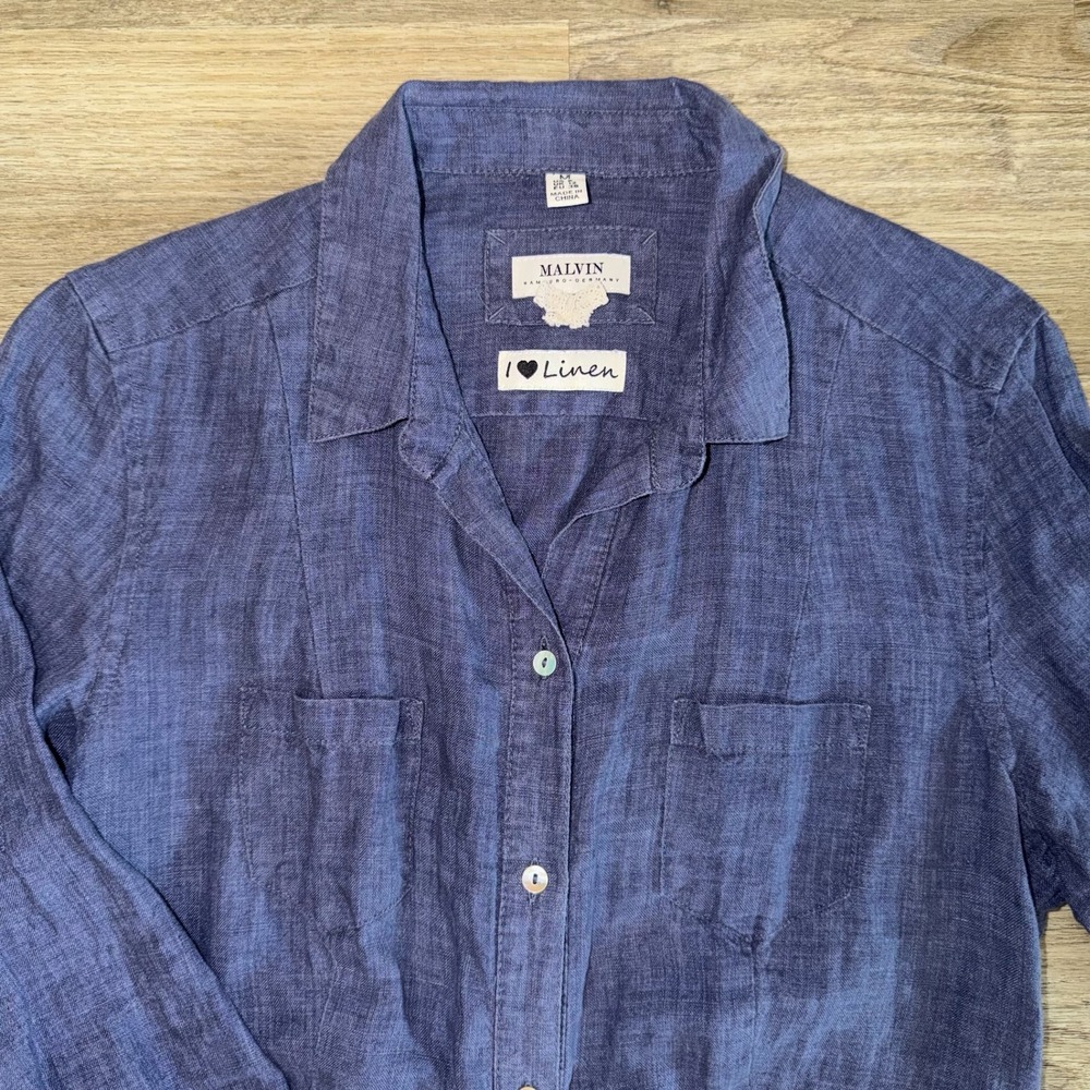 MALVIN 100% Linen Shirt Dress Blue Button Front Collared Midi‎ Womens M - Picture 2 of 7
